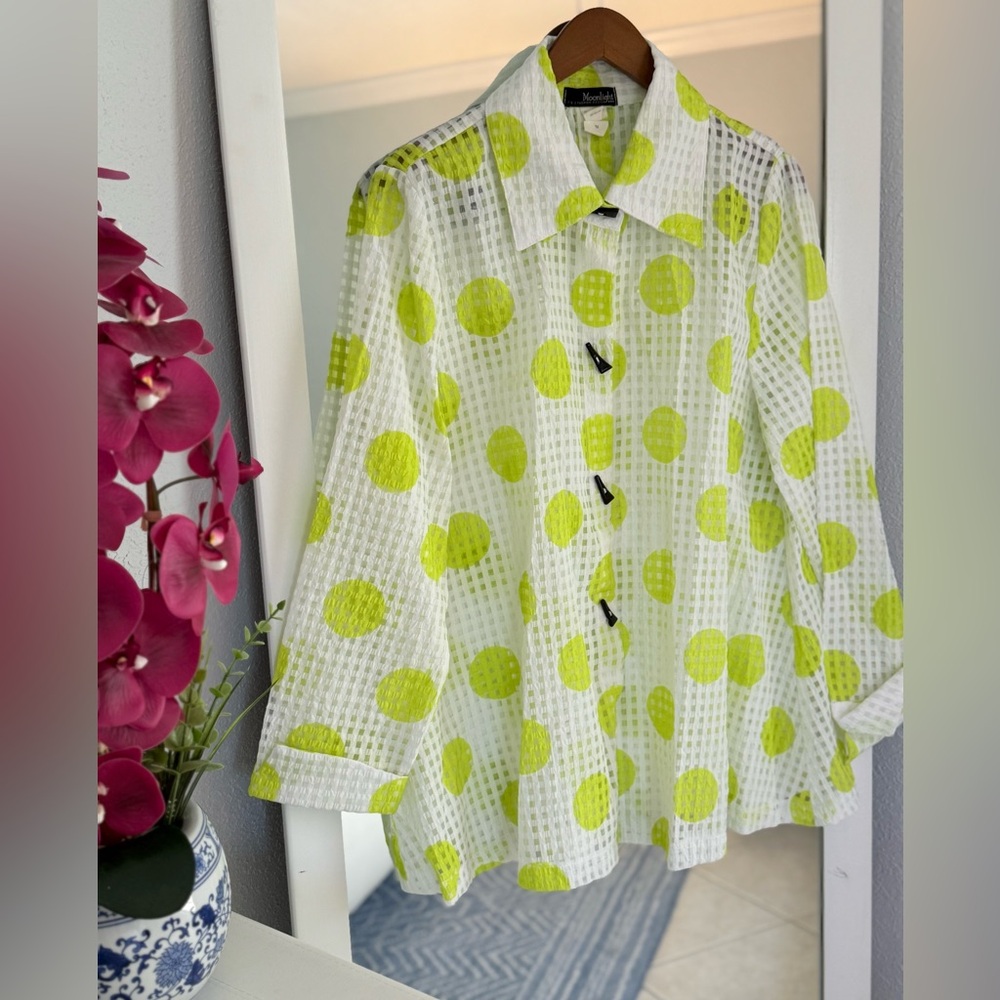 Trendy White and Lime Green Polka Dot Blouse/Jacket